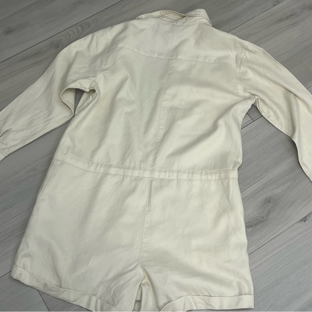 Aerie Utility Romper Sz L Cream Long Sleeve Button Front Drawstring Cotton Twill - Picture 2 of 10